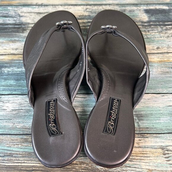 Brighton Thong Sandal Womens Size 10 Gray Leather Metal Flower Rhinestone Accent - Picture 5 of 10